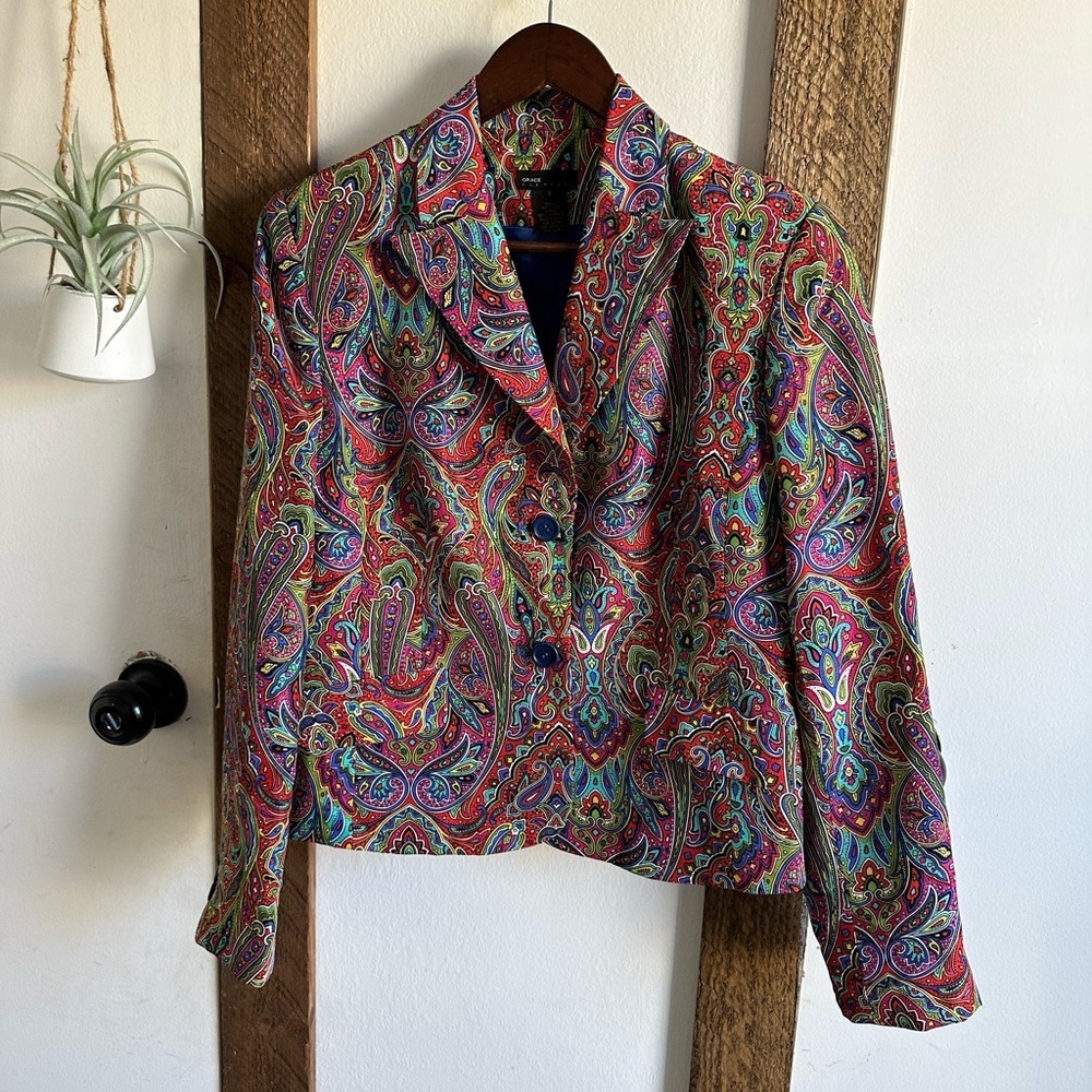 Vintage Grace Elements Mod Paisley Silk Psychedelic Blazer Jacket Women’s Size 8